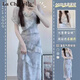 拉夏貝爾（La Chapelle）茶歇法式水墨畫碎花連衣裙女夏季2025新款小個子高級感氣質(zhì)長裙潮 藍色 M 建議95-110斤
