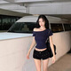 貞喜氣性感純欲風(fēng)露肩短袖t恤女夏季辣妹緊身顯瘦不規則短款上衣女裝 深藍色 M （推薦91-101斤）