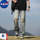 NASA RHUDE破洞直筒牛仔褲男士寬松九分男夏季時尚牛仔褲夏天休閑褲子男裝 復(fù)古藍(lán) XL (130-155斤)