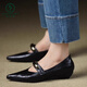 啄木鳥(niǎo)法式復古真皮尖頭一字帶瑪麗珍女鞋顯瘦氣質(zhì)金屬扣淺口單鞋女平底 黑色 34