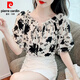 皮爾卡丹（pierre cardin）一字肩短袖雪紡衫上衣女2025夏季新款露肩碎花法式印花襯衫溫柔風(fēng) 黑色 XL 115-125