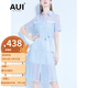 AUI時尚藍(lán)色工裝風(fēng)襯衫連衣裙女2024年夏季新款氣質(zhì)收腰中長百褶裙子 藍(lán)色 S