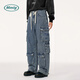 Mmlg 87mm 2025新款牛仔褲女時(shí)尚1987刺繡做舊洗水多口袋直筒工裝褲子 牛仔藍 L