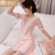 莫代爾睡衣女士新款冰絲睡裙性感夏季薄款蕾絲短袖睡裙家居服舒適 306款粉紅色 L (100-120斤)
