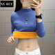 NY-RCE半高領(lǐng)加絨毛衣打底衫女新款秋冬女士加厚保暖修身內(nèi)搭針織衫 海霧藍(lán)色(純色袖) 加絨 L