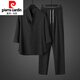 皮爾卡丹2025新款薄休閑運動(dòng)套裝男夏季高端V領(lǐng)修身男士七分袖兩件套 黑色【套裝】 3XL （推薦160-175斤）