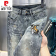 皮爾卡丹（pierre cardin）春秋季高奢燙鉆牛仔褲男士刺繡馬黑桃印花歐貨潮流休閑修身小腳褲 藍色【高質(zhì)量】 30