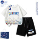 NASA STONE男童夏季套裝2025新款?yuàn)W特曼純棉短袖衣服五分褲兒童運(yùn)動(dòng)服兩件套 白色+黑褲子 120