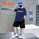 安踏（ANTA）男童夏裝運動(dòng)套裝旗艦兒童速干短袖短褲大童童裝白色T恤 藍/黑3 針織褲 160 cm