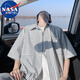 NASA MARVEL襯衫男士夏季五分袖翻領(lǐng)寬松潮流條紋百搭外套 黑色條紋  4XL 
