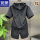 羅蒙（ROMON）夏季輕薄透氣純色簡(jiǎn)約休閑連帽寬松兩件套潮流男士套裝短袖短褲 黑色【套裝】 M 100-130斤