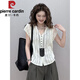 皮爾卡丹（pierre cardin）韓版V領(lǐng)冰絲針織開(kāi)衫短袖t恤女時(shí)髦時(shí)尚洋氣夏季薄款氣質(zhì)短款上衣 米白色 XL 118-130斤