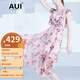 AUI 碎花雪紡連衣裙女2022夏新品設(shè)計(jì)感時(shí)尚女裝中長(zhǎng)款V領(lǐng)無(wú)袖裙子 粉色 M