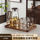 云月笙歌玻璃杯茶杯套裝新中式胡桃木把高硼硅辦公客廳綠茶待客泡茶水杯 透明圓耳木把杯+大號金托盤(pán)+水壺