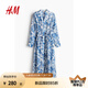 H&M女裝花卉連衣裙夏季優(yōu)雅氣質(zhì)系帶V領(lǐng)長(zhǎng)袖中長(zhǎng)襯衫連身裙1236832 白色/藍(lán)色花卉 170/116 XL