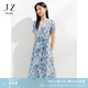 玖姿·安娜蔻氣質(zhì)輕熟風(fēng)V領(lǐng)碎花連衣裙女海邊中長(zhǎng)款顯瘦印花裙子夏短袖茶歇裙 花天藍(lán) S