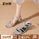 ZHR涼鞋女氣質(zhì)粗跟一字帶單涼鞋女優(yōu)雅水鉆細帶露趾女鞋 KN88 銀色37