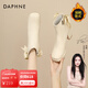 達芙妮（DAPHNE）蝴蝶結高跟短靴女2025新款秋冬季高跟鞋粗跟法式靴子女鞋子 米白色加絨 6.5cm (280g絨) 37 (235mm) 標準碼