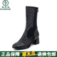 啄木鳥真皮網(wǎng)紗單靴中筒透氣時(shí)裝靴女2025春夏薄款鏤空拼接涼靴粗跟方頭 黑色 35