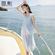 香影藍(lán)色海邊連衣裙女無(wú)袖2025夏裝新款不規(guī)則荷葉邊航海系沙灘裙 航線藍(lán) M 160/84A/95-110斤