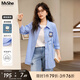 MsShe【原創(chuàng  )重工刺繡條紋長(cháng)袖襯衫】大碼女裝2025秋季胖mm 冰河藍色現貨 6XL