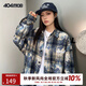 404MOBGANG【周深同款】美式刺繡仿扎染長(cháng)袖襯衫男女同款加厚復古格子外套 藍色 2XL