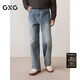 GXG男裝重磅竹節紋理做舊水洗貓須直筒牛仔長(cháng)褲 藍色 170/M