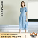 顏域鏤空蕾絲連衣裙女2025夏季新款輕熟風(fēng)高腰收腰修身過(guò)膝短袖裙 淺藍(lán) 2XL