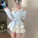 莜仙格一字領(lǐng)露肩藍(lán)色襯衫女春秋季不規(guī)則收腰系帶上衣潮百褶裙套裝 白色裙子【單件】 L 建議 110--120斤