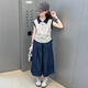 女童夏裝無袖套裝2025新款洋氣女大童夏季短袖兒童牛仔闊腿褲子 套裝【T恤+褲子】 140