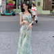 蜜樂奇法式碎花吊帶連衣裙子女夏季2025新款絕美超好看海邊度假沙灘長裙 綠色花【綠色碎花連衣裙/吊帶裙/ S 【建議80-90斤】