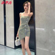 唐思薇2025新款性感純辣妹不規(guī)則吊帶抹胸百搭連衣裙女感亮閃生日禮服裙 香檳色連衣裙 L 105-115斤