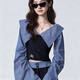 邦帛世新年美式拼接兩件套女2025秋季一字肩長(cháng)袖襯衫+寬松闊腿休閑 美式藍+黑拼接兩件套 M 適合（101-115）