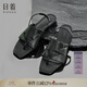 日著設(shè)計師原創(chuàng)女裝2024夏季新款魚嘴型不規(guī)則纖繩打孔牛皮涼鞋子 俠黑 37