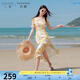 三彩若潮大碼女裝2025夏季新款方領(lǐng)連衣裙清新印花荷葉邊長裙胖MM 鵝黃花卉 XL 170/96B