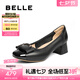 百麗（Belle）氣質(zhì)方跟淺口單鞋女2025秋新商場(chǎng)同款牛皮通勤單鞋E1A1DCQ5 黑色 38