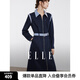 ELLE藏青色條紋拼接襯衫式連衣裙女2024冬季新款中長款收腰裙子 藏青 L