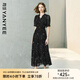 顏域黑色連衣裙女2025夏季新款收腰輕熟風(fēng)高級(jí)感短袖木耳邊雪紡裙 黑花 2XL