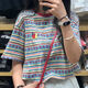 樂(lè )雅秀美式復古拼色套裝女短袖T恤女夏季寬松原宿風(fēng)休閑百搭半身裙兩件 條紋 T恤【單件】 M