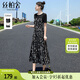 絲柏舍2025夏裝新款圓領(lǐng)短袖修身顯瘦拼接印花中長(zhǎng)款連衣裙