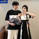 籬人歸[三件套]情侶裝短袖一衣一裙2025夏季ins新中式連衣裙女T恤男套裝 男生兩件套裝+女生連衣裙三件套 3XL 女生男XXXL