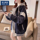 棉致拼色棒球服外套女春秋2023新款學院風休閑寬松開衫 藏青色 (高品質(zhì)) [春秋 薄款 L 110-135斤
