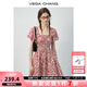 VEGA CHANG碎花連衣裙女2025新款夏季法式方領泡泡袖收腰甜美短裙 紅鳶色 M