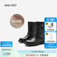 NINE WEST/玖熙騎士短靴女真皮厚底冬新款復(fù)古百搭皮帶機車時裝靴中筒女靴 黑色(絨里) 37