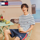 TOMMY JEANS【重磅厚實(shí)】夏男女純棉條紋針織刺繡圓領(lǐng)短袖T恤上衣18659 白綠條紋YBR M （推薦：135-150斤）