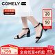 康莉（COMELY）一字帶涼鞋女粗跟25年夏季羊皮中跟時(shí)尚百搭通勤時(shí)裝涼鞋 黑色 38