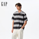 GAP男女裝2025夏季新款logo重磅純棉條紋polo短袖T恤寬松727619 淺灰色 XS (165/84A) 亞洲尺碼