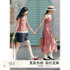 紫涵（ZIHAN）紫涵打攬收腰吊帶連衣裙女2025夏季新款法式甜美花邊拼接a字長(zhǎng)裙 米底紅格 L