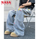 NASA XVVX美式涂鴉牛仔褲男夏高街潮牌設計感小眾微喇長(cháng)褲復古寬松百搭褲子 藍色 XL