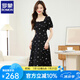 羅蒙（ROMON）年輕女裝2025年黑色赫本風(fēng)碎花連衣裙法式收腰顯瘦方領(lǐng)雪紡a字裙 黑色 S